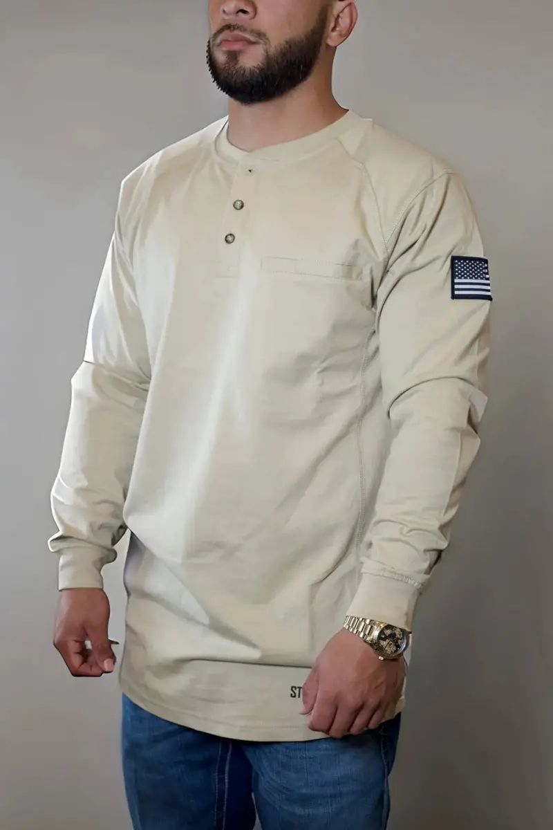 Flame-Resistant 3-Button Henley Shirt In Tan 1