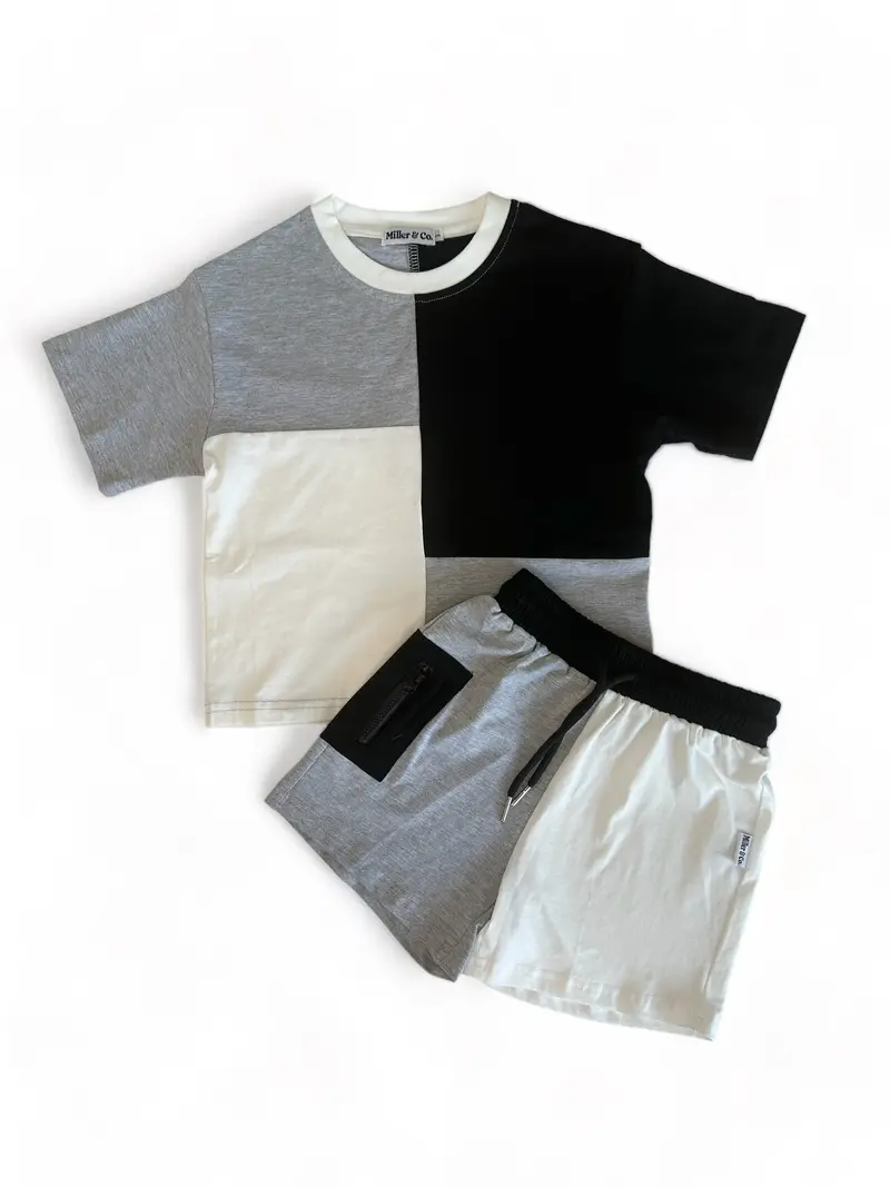 Modern Color-Blocked Short Set – Sleek Black Style 1