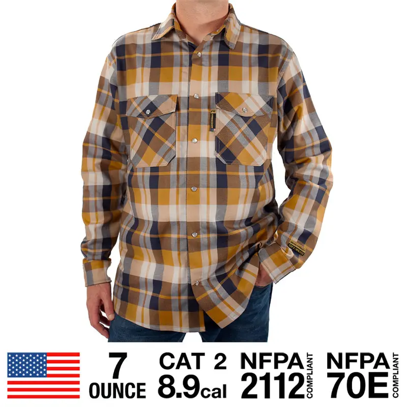 Navy And Rust Flame-Resistant Stretch Plaid Shirt 1