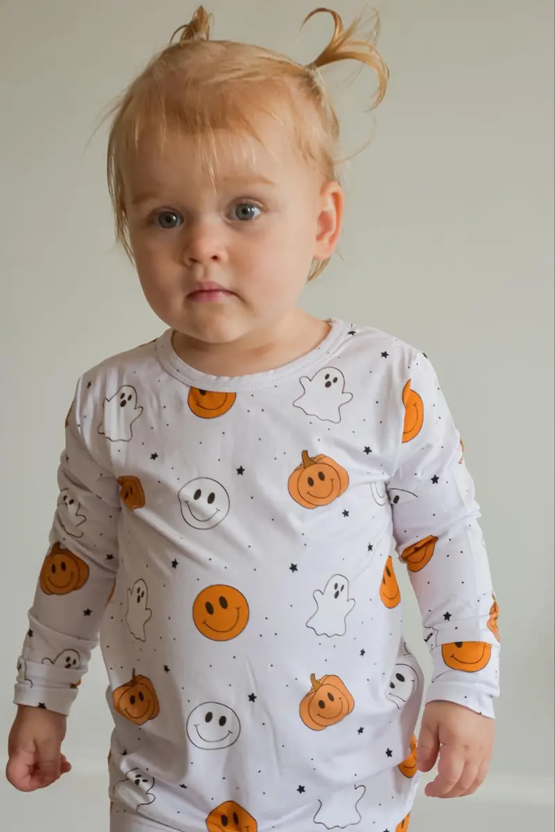Pumpkin Ghost Smileys Bamboo Romper Set – Halloween-Themed 2-Piece Outfit 1