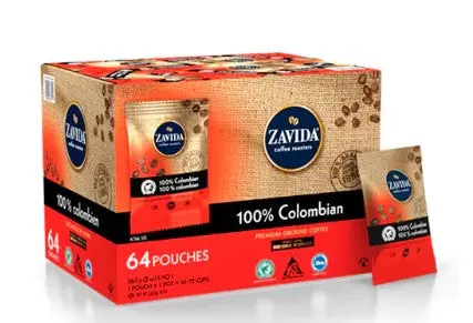 Zavida 100% Colombian Ground Coffee – 64 Single-Serve Pouches 1